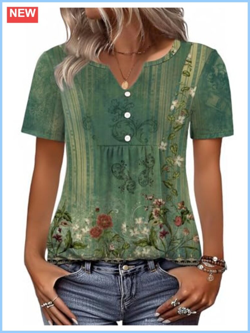 Womens Short Sleeve Henley V-Neck Pleated Floral Tunic Top Loose Fit